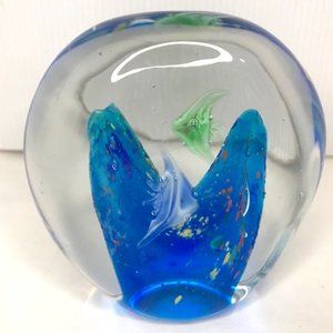 Murano Art Glass Paperweight Coral Reef Ocean Life Fish Cylinder Blue Green
